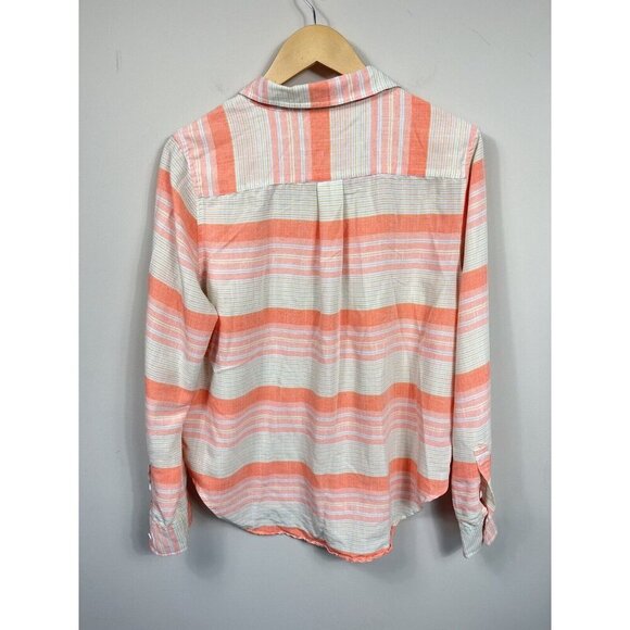 Fresh Produce Womens L White Blouse Button Down Long Sleeve Orange Striped Beach - Picture 7 of 10